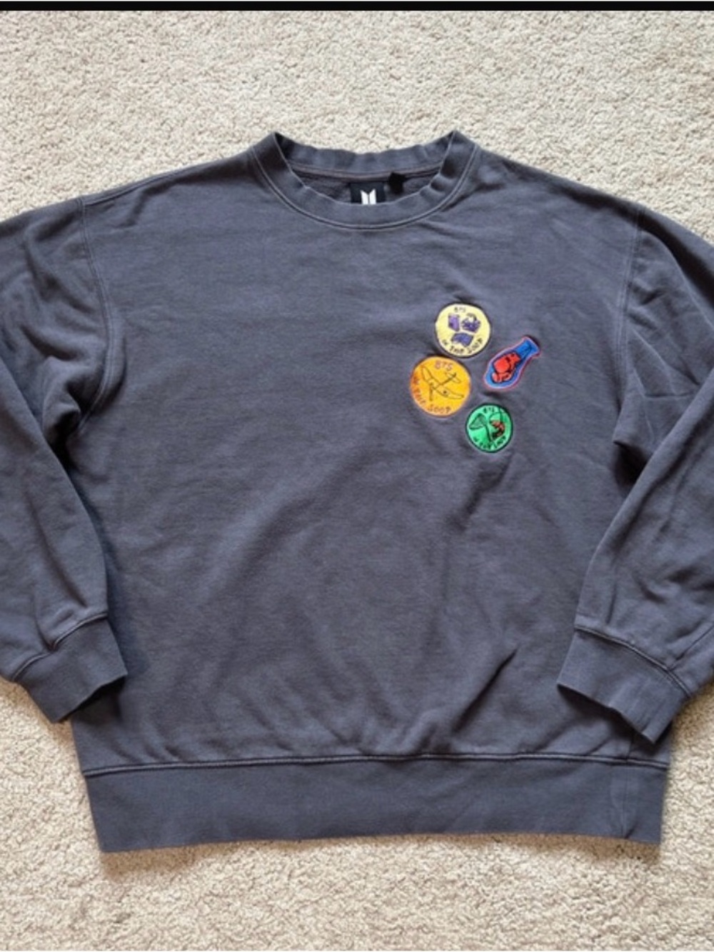 BTS Charcoal Crewneck Sweatshirt with Colorful Badge Patches size L